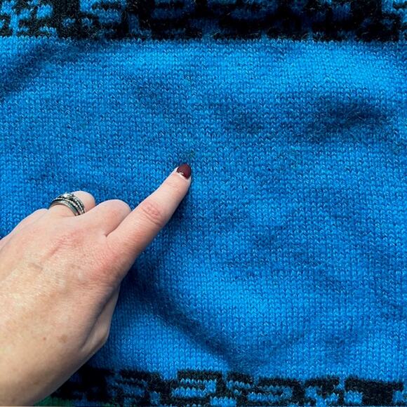 VTG 80s Demetre Pure Wool Crewneck Ski Sweater Mens L Fair Isle Geometric Blue - Picture 10 of 10